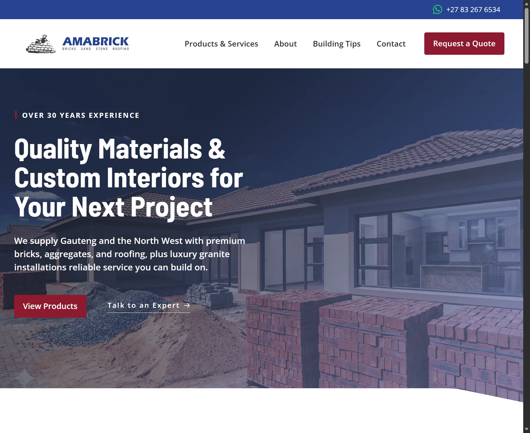 Amabrick brick and construction contractor website homepage shown on desktop