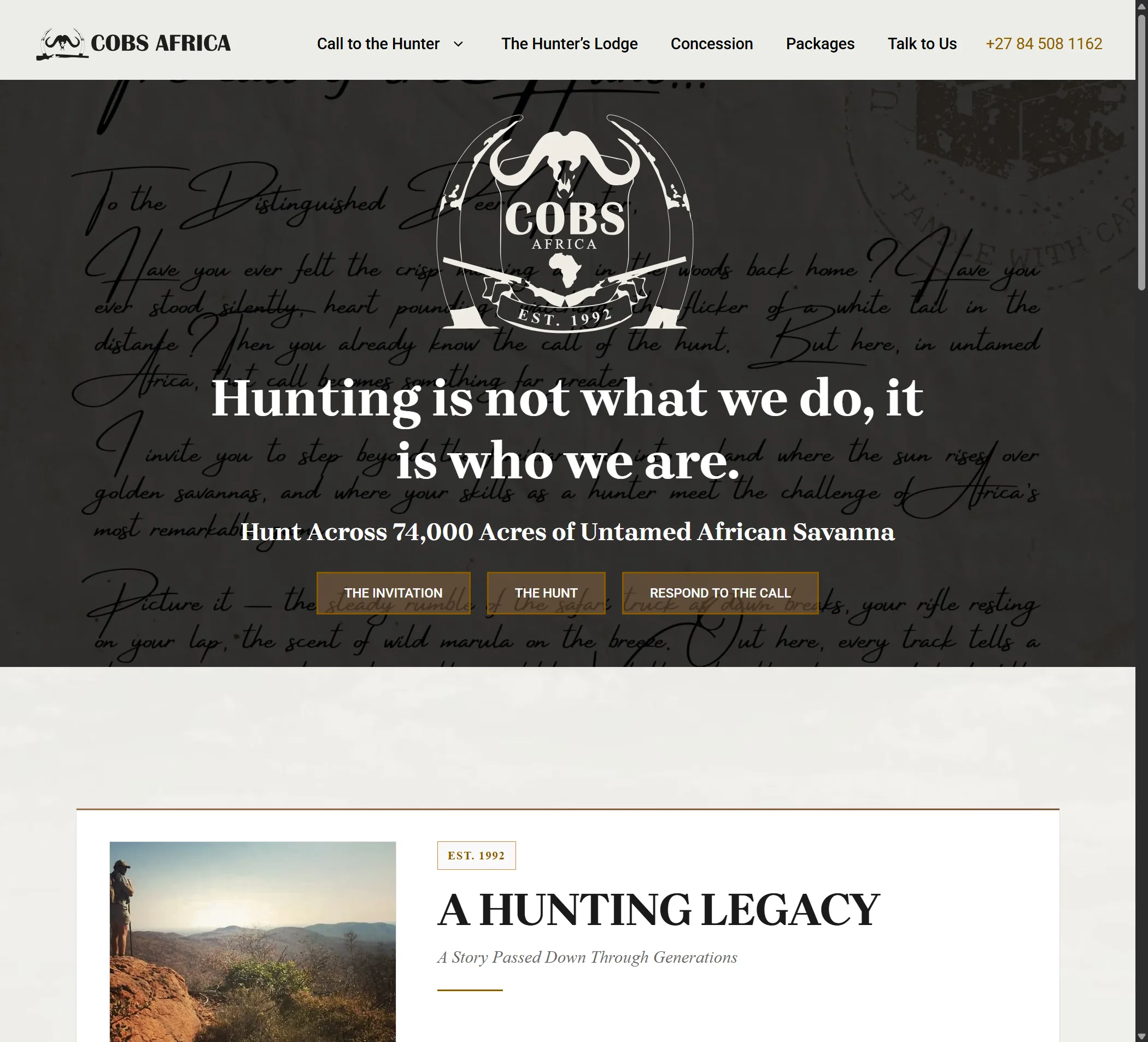 COBS Africa hunting website homepage shown on desktop