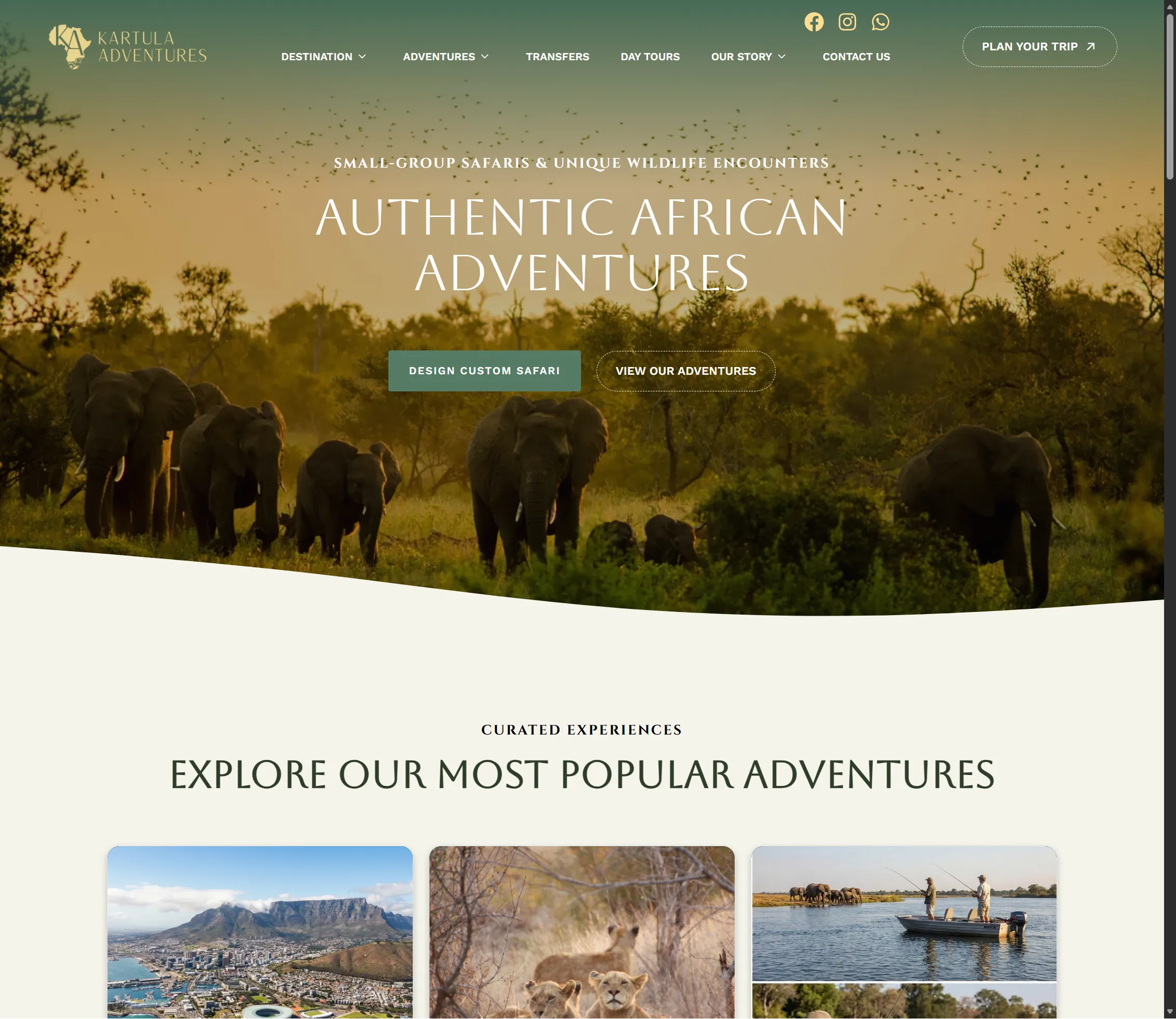 Kartula Adventures safari website homepage shown on desktop