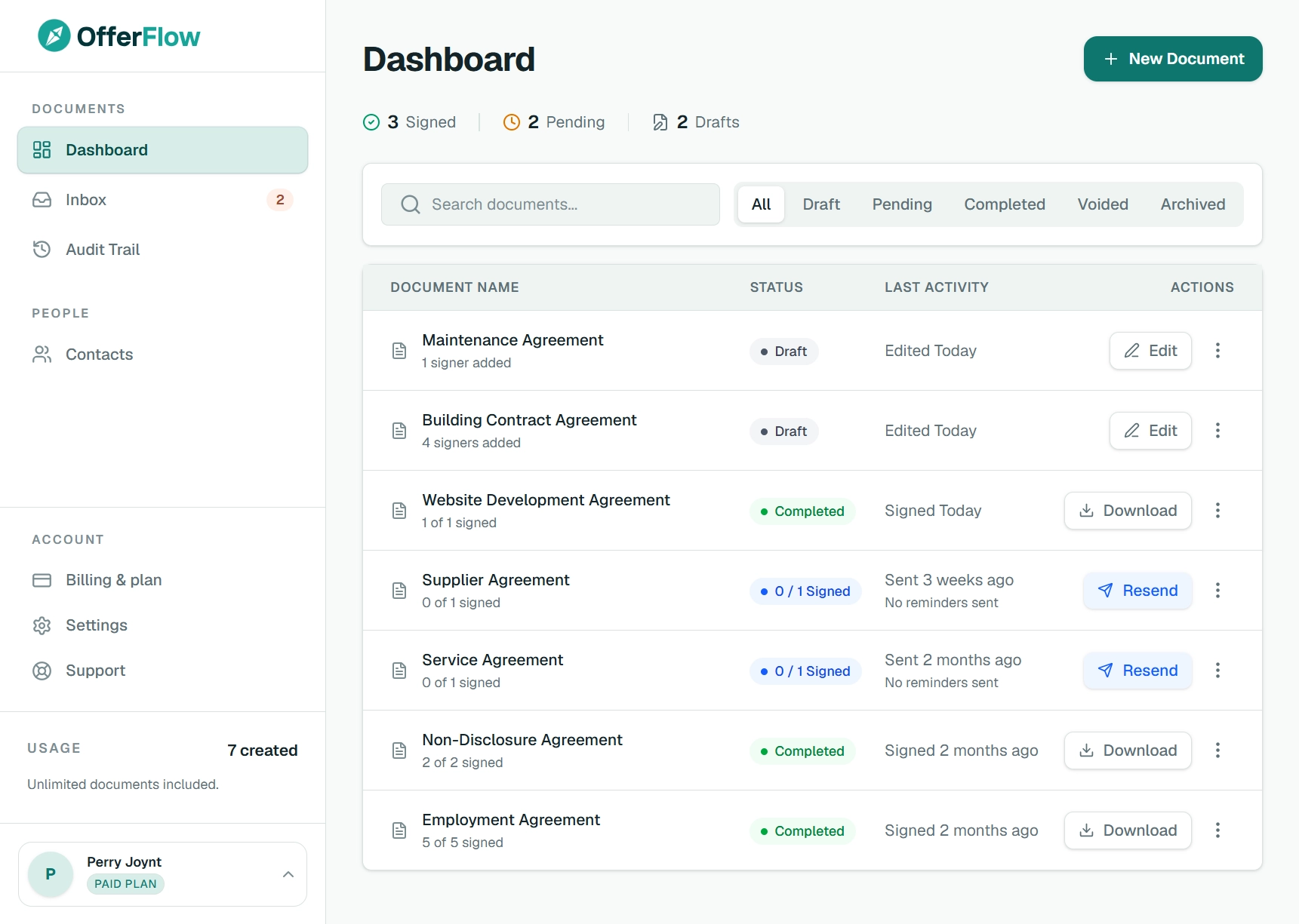 OfferFlow dashboard showing document statuses, signing progress and document actions.