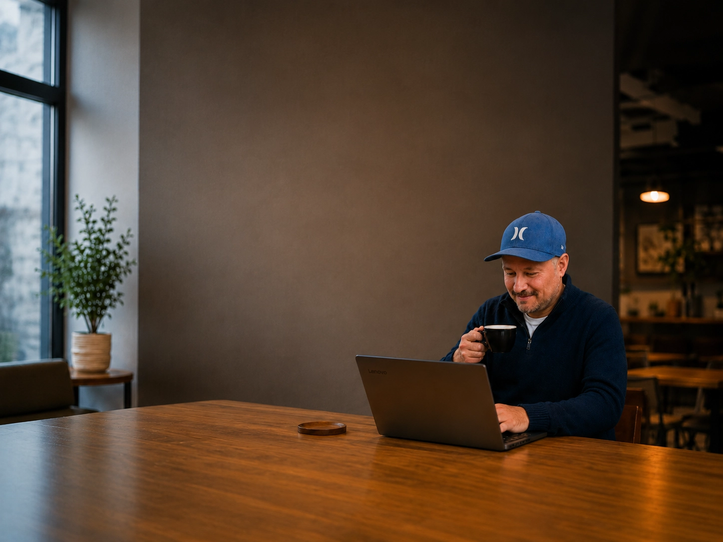 Perry Joynt, WordPress developer, working on a laptop in a café-style workspace.